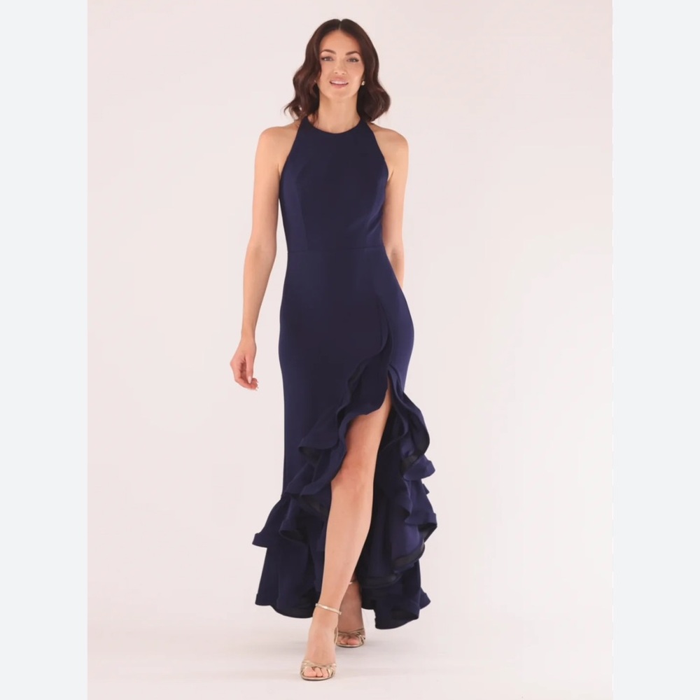 Betsey and Adam Scuba Crepe Ruffle Slit Navy Formal Gown